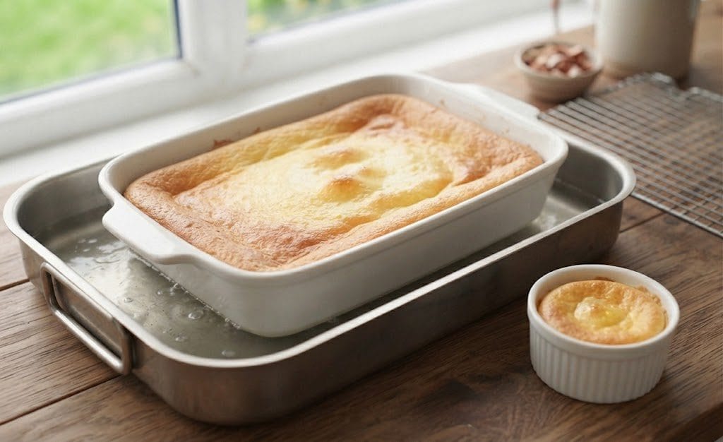 Dusting the freshly baked Lemon Delicious Pudding with icing sugar and serving it warm with sauce.