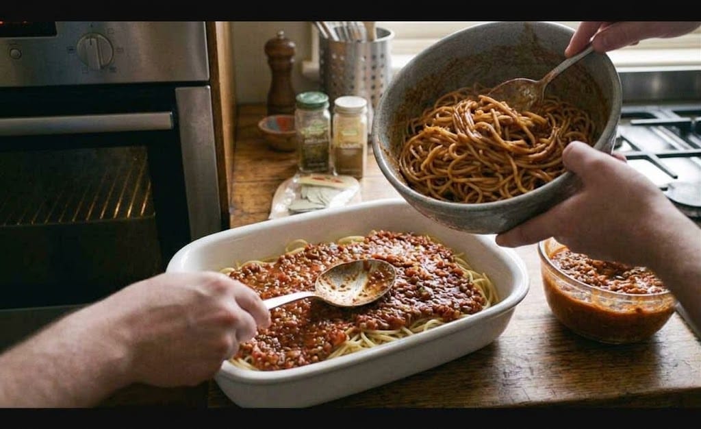 Casserole dish covered with foil in oven