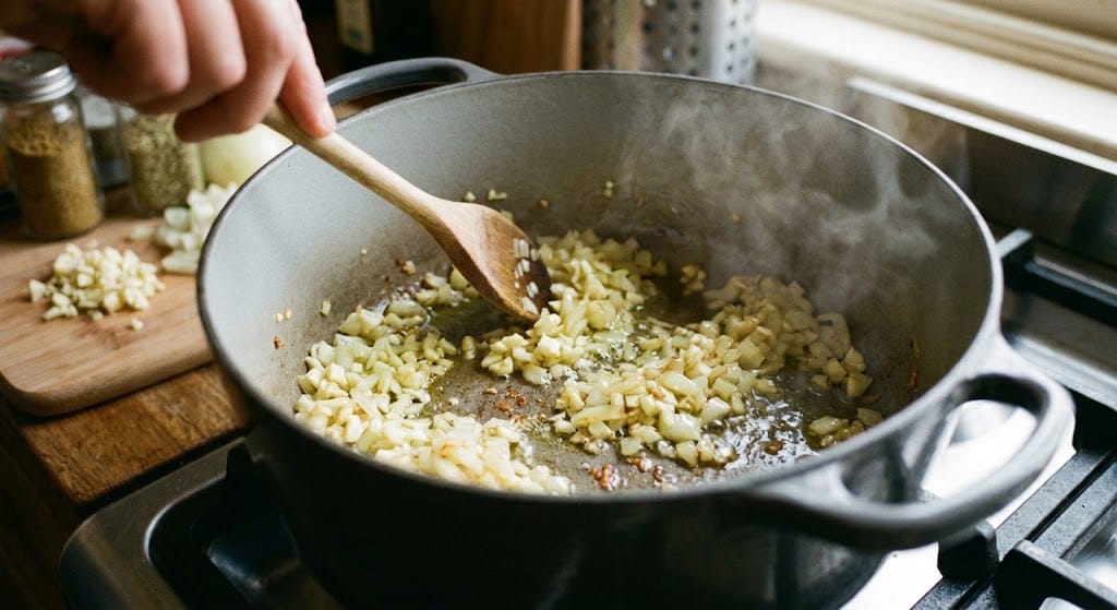 Garlic onion and browning beef