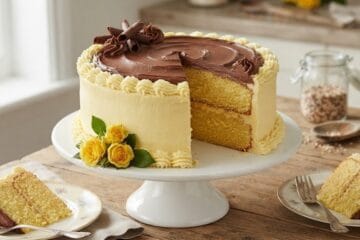 Delicious Yellow Layer Cake with creamy chocolate buttercream frosting"