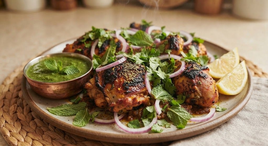 Chicken Dumchi Tikka Recipe – Garam garam chicken tikka par fresh hara dhaniya, podeena, aur onion rings ki garnish, sath mein green chutney aur lemon wedges.