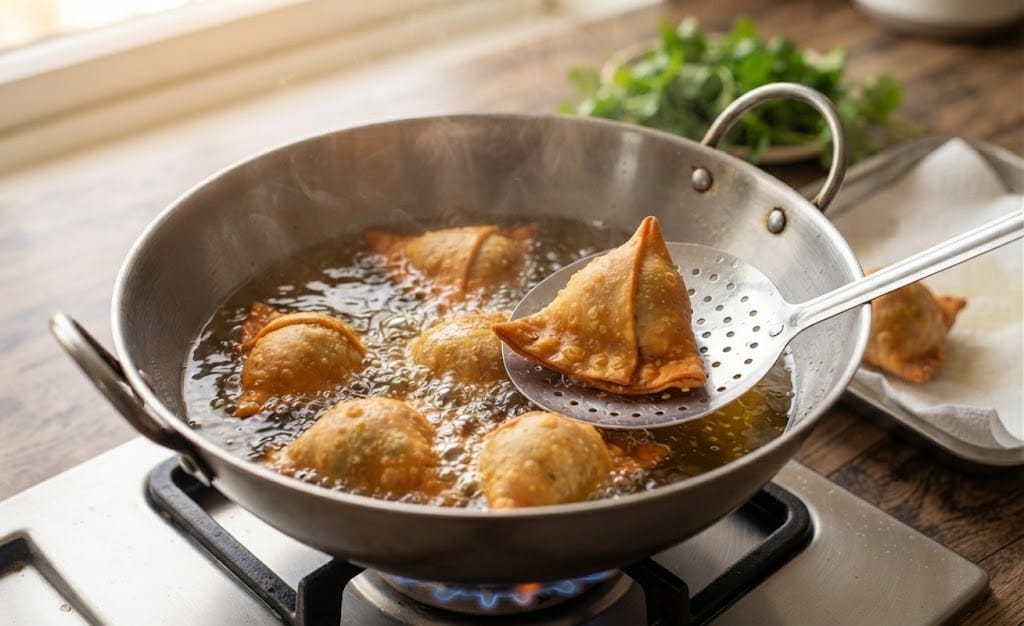 Crispy Samosa Recipe - Frying Samosas in Pan