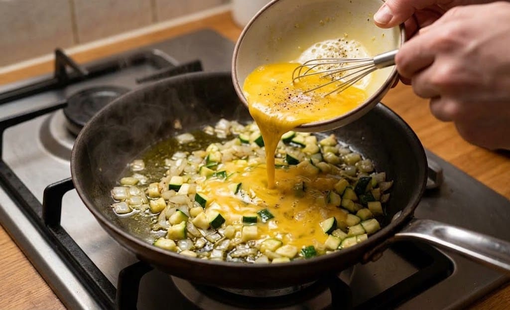 Pouring eggs into zucchini pan