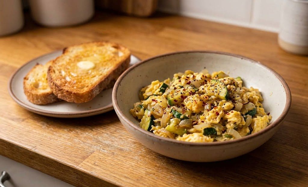 Scrambled eggs with zucchini garnished with red chili flakes and served warm with toast for Quick & Easy Zucchini Recipes