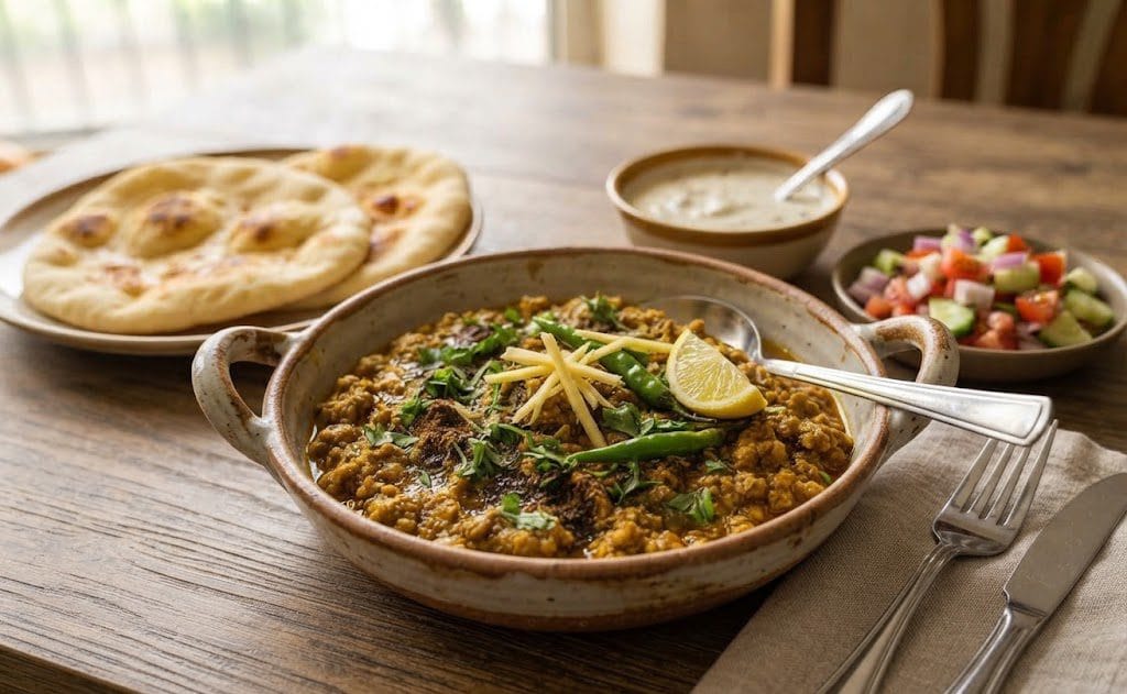 A close-up photograph of the finished chicken keema in the hammered iron karhai from image_16.png, now garnished with a generous sprinkling of fresh chopped green coriander and garam masala powder. A wooden spoon is resting in the dish, which is steaming gently, indicating it's ready for this final step of a traditional mutton Keema Recipe. The background kitchen counter and window view are softly blurred