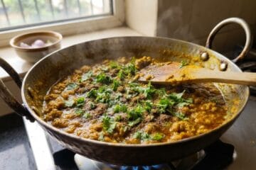 A close-up photograph of the finished chicken keema in the hammered iron karhai from image_16.png, now garnished with a generous sprinkling of fresh chopped green coriander and garam masala powder. A wooden spoon is resting in the dish, which is steaming gently, indicating it's ready for this final step of a traditional mutton Keema Recipe. The background kitchen counter and window view are softly blurred