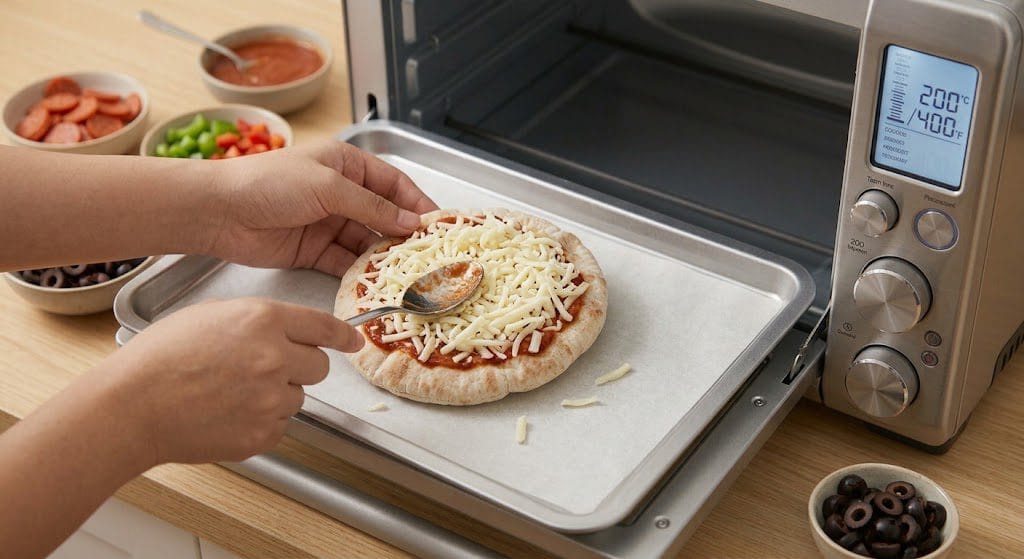 Spreading pizza sauce evenly over pita crust for simple quick meal ideas for 12-year-old beginners