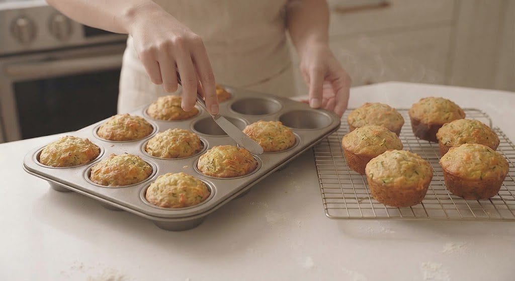 A cooling rack holding freshly baked muffins next to a metal muffin tray where a hand uses a butter knife to gently loosen a golden-brown, baked Cheesy Zucchini Muffin from its mold.