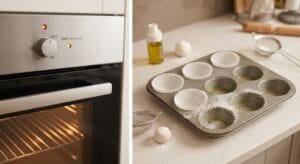 A close-up view of an oven control dial set precisely to 200°C (180°C fan-forced), indicating it is preheating for a batch of Cheesy Zucchini Muffins.
