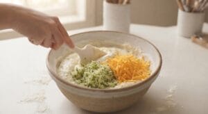 A kitchen bowl filled with wet ingredients—A kitchen view of wet ingredients being poured from a bowl into dry ingredients, with a rubber spatula ready for gently folding the batter to make light and fluffy Cheesy Zucchini Muffins.including an egg, milk, yogurt, oil, and garlic—being whisked together smoothly for the Cheesy Zucchini Muffins recipe.